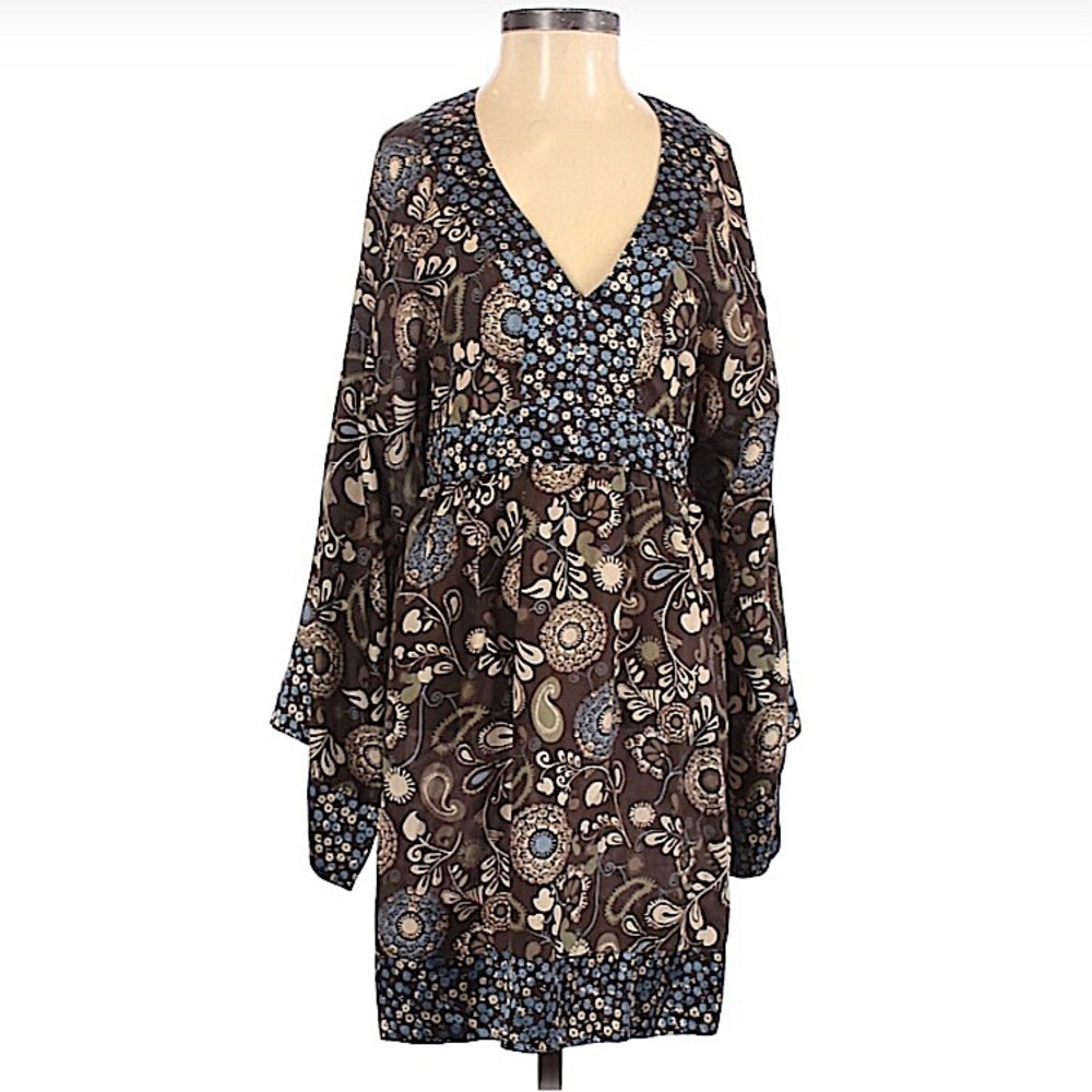 𝅺EXPRESS Design Studio Brown and Blue Silk Print Kimono Sleeve Dress Size XS